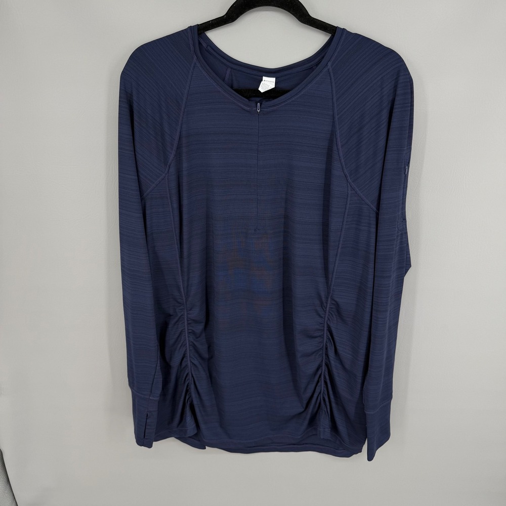 Athleta Rashguard Illume Swim Top‎ 2X Navy Blue Partial Zip Ruched Thumbhole